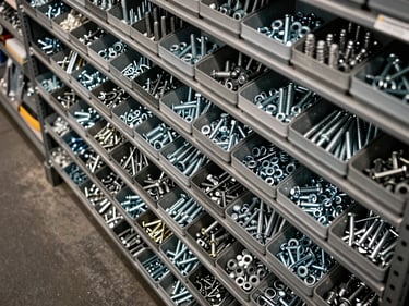 Overhead cataloging shot of organized hardware bins filled with bolts, nuts, anchors, and fasteners arranged by size on metal shelving, warehouse floor visible below, industrial overhead lighting, no human presence