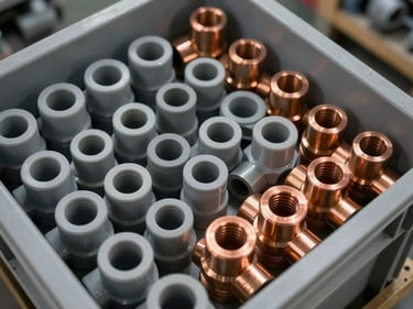 Overhead close-up of PVC and copper pipe fittings organized in a warehouse bin system, gray and copper tones, overhead industrial lighting, no human presence, depth of stock visible