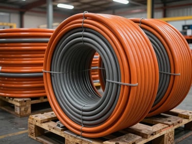 Close-up overhead shot of electrical conduit coils and cable reels stacked on a warehouse pallet under industrial overhead lighting, orange and gray conduit colors visible, no human presence
