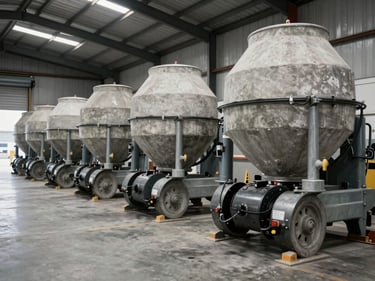 Wide warehouse shot of heavy industrial equipment — concrete mixers and compactors — parked in an organized row on a concrete floor under high-bay warehouse lighting, no human presence, loading dock visible in background