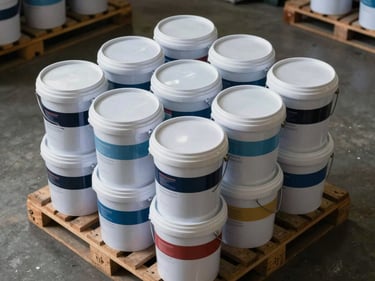 Overhead product shot of stacked paint pails and 5-gallon buckets on a warehouse pallet, label text not readable, muted industrial colors, diffused overhead lighting, no human presence
