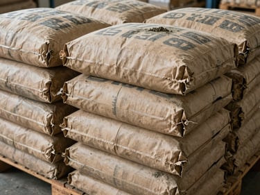 Extreme close-up overhead shot of stacked bulk cement bags in a warehouse, visible grade markings on kraft paper sacks, cement dust on the pallet surface, diffused industrial overhead lighting, no human presence