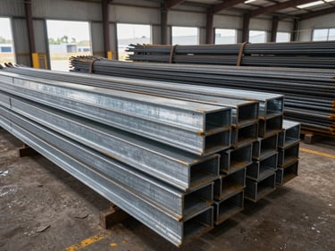 Wide shot of stacked structural steel rebar bundles and I-beam sections in a supply yard, galvanized surface texture visible, diffused daylight from loading dock bays, overhead perspective showing depth of stock, no human presence