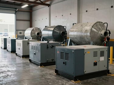 Wide warehouse shot of heavy industrial equipment — compactors, concrete mixers, and generator units — parked in organized rows on a concrete floor, scale markers on the wall behind them, diffused loading dock daylight, no human presence