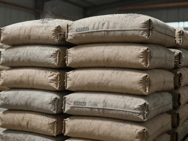 Extreme close-up overhead shot of stacked 50kg cement bags in a warehouse, dust visible on the surface, rough kraft paper texture under diffused industrial overhead lighting, no human presence