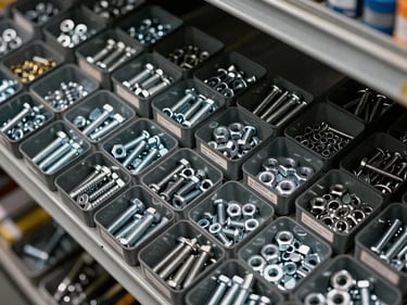 Overhead cataloging shot of organized hardware bins containing bolts, nuts, and fasteners arranged by size on a steel shelf under warehouse overhead lighting, no human presence, spec labels visible on bin edges