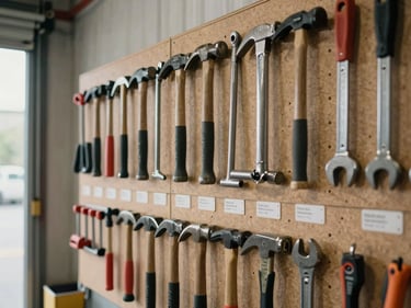 Close-up wide shot of organized hand tool storage wall — hammers, pry bars, chisels, and wrenches hung on pegboard inside a warehouse, diffused daylight from loading dock, tools labeled with spec tags, no human presence