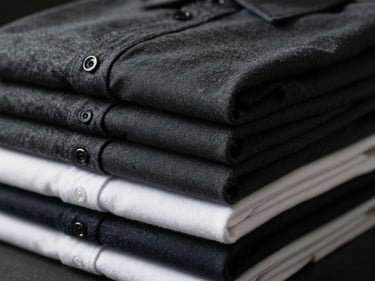 Stack of folded premium cotton shirts in deep charcoal and white, sharp fabric textures, dramatic side lighting.