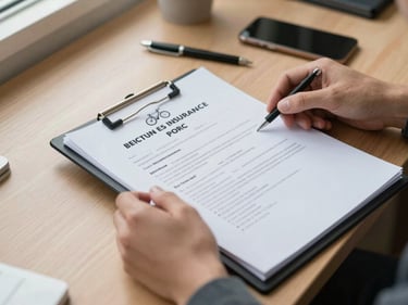 Hands placing a bike insurance policy document into a folder on a home-office desk, natural indoor light from the left, pen and mobile phone visible in the background