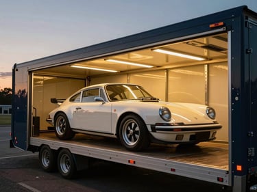Wide-angle cinematic editorial photography of a pristine classic sports car secured inside an enclosed transport trailer, deep navy and gold tones, dramatic twilight lighting.