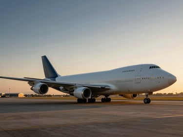 Wide-angle cinematic editorial photography of a massive modern cargo aircraft parked on a runway tarmac at golden hour dusk, sharp commercial detail.