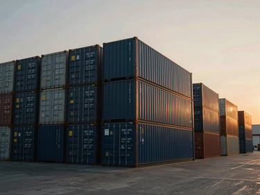 Wide-angle cinematic editorial photography of a state-of-the-art clean logistics warehouse with neatly stacked cargo containers under soft twilight overhead lighting.