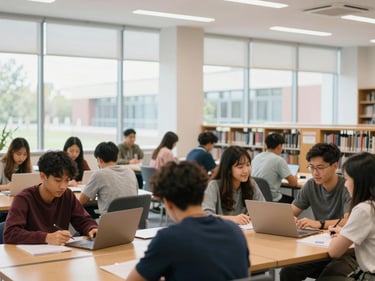 Diverse students collaborating in a modern Canadian university library, large windows, natural light.