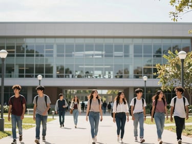 Students walking past a modern US university building with a bustling campus scene, bright daylight.