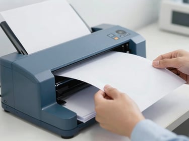 Close-up of professional hands feeding paper files into a high-speed document scanner, bright neutral lighting, sharp focus