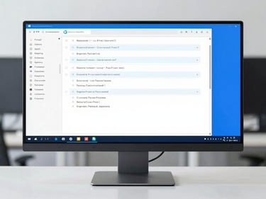 A clean modern computer monitor displaying an organized, indexed digital file structure, sharp focus, blue tones