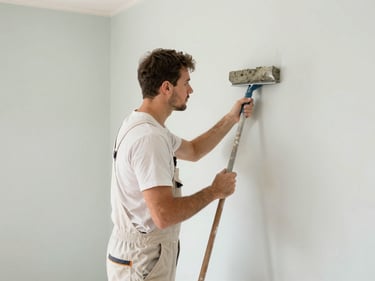 Albañil aplicando mortero con llana limpia, pared recién terminada, luz diurna.