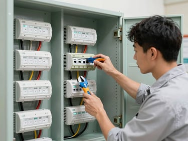 Electricista revisando un panel eléctrico con herramientas limpias, iluminación brillante.