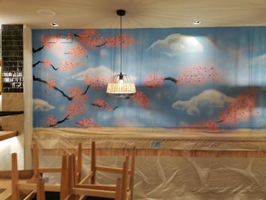 Graffiti mural en Restaurante de sushi, paisaje japonés, spray, street art, muralismo, barcelona