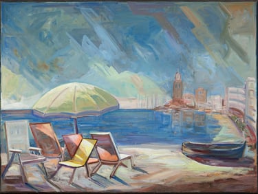 Sitges, óleo sobre lienzo del artista pintor Argi Girón. Sea loungers oil artist painter