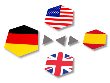 Germany, USA, UK and Spain flags in hexagonal shape that represent translation services