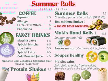menu Summer Rolls - Café Matcha Ube Protein Shake Maki Rouleaux de printemps Soupe Desserts Cookies