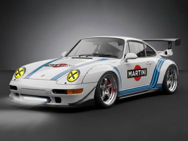 an ai generated wide body porsche 993 with Martini Racing livery