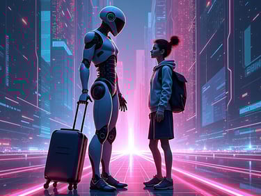 A Robot symbolising AI talking to a girl which symbolises humanity