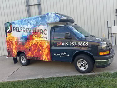 Custom fire and ice themed HVAC service truck wrap for Pelfrey Heating and Cooling by Big Sticker