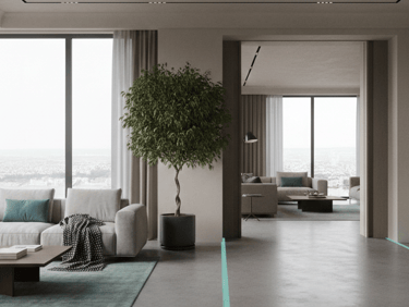 Modern minimalist living room with panoramic city views, sleek gray sofas, and a tall indoor tree.