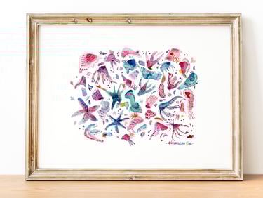 Peinture abstraite univers mer et coquillage