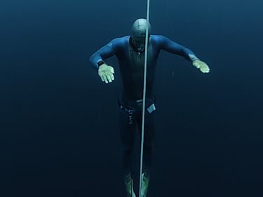 A dark blue picture of a freediver ascending on the line in no-fins technique