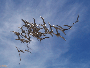 Steel sculpture of a flock of shearwaters in flight
