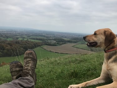 Photograph of man and dog on the South Downs