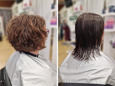 Hiustenleikkaus luonnonkiharat hiukset kerrostus kampaamo raisio