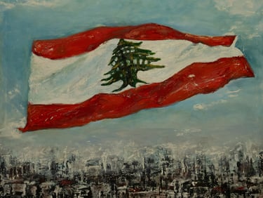 Acrylic on canvas painting of Lebanese flag flying high above the city by artist Jessy Tabet