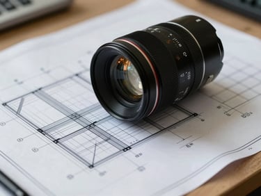 Precise macro shot of technical blueprints and structural analysis models on an engineering table, crisp daylight emphasizing geometric lines and scale