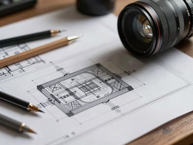Precise macro shot of detailed technical blueprint drawings on an architect's desk, drafting tools resting nearby, sharp directional side light.