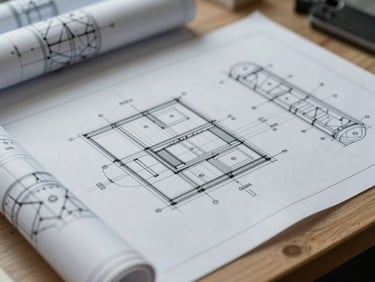 Macro shot of detailed technical blueprints and structural drawings laid out on an architect's drafting table.
