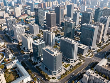 Wide-angle environmental shot of a sprawling municipal smart city development with structured roads and modern civic buildings.
