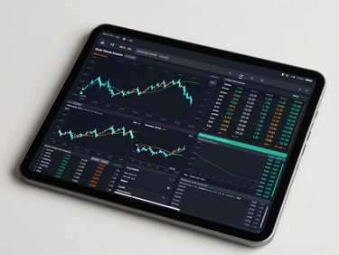 High-fidelity tablet dashboard displaying complex real-time investment charts, structured data grids, and subtle sea green accent lines, clean workspace background.
