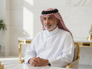 Dignified portrait of an elderly Arab legal expert, intellectual expression, soft natural light, luxury office setting with white stone walls