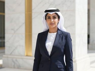 Professional portrait of a female GCC corporate attorney in elegant business attire, bright daylight, marble and gold details in background