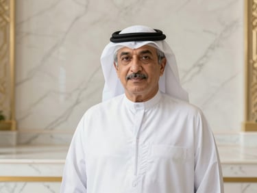 Dignified portrait of a senior GCC legal advisor, traditional attire, soft warm studio lighting, background of ivory marble, editorial style