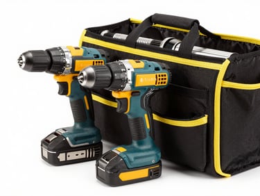 Heavy-duty power drill and refrigeration tools neatly organized inside a professional tool bag, bright high-contrast lighting