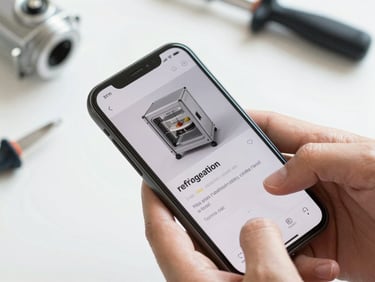 Close-up of a smartphone screen displaying a technical refrigeration tutorial video, hands holding the phone in a workshop, bright daylight, sharp focus