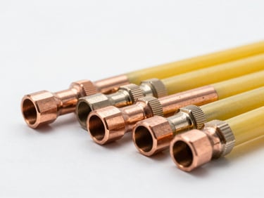 Crisp macro shot of copper tubing tools and yellow manifold hoses on a clean concrete floor, bright studio lighting, 35mm