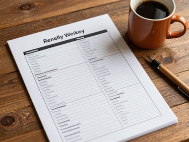 A printed weekly organization sheet on a wooden desk next to a warm mug of coffee and a wooden pen.