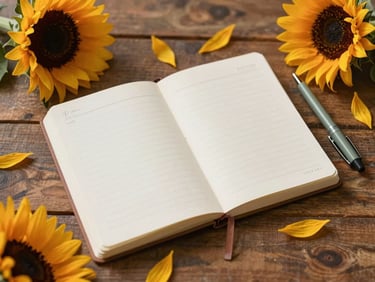 Flat-lay of an open paper planner on a rustic wooden desk, scattered sunflower petals, a sage green pen, warm diffused daylight, cozy and creative.