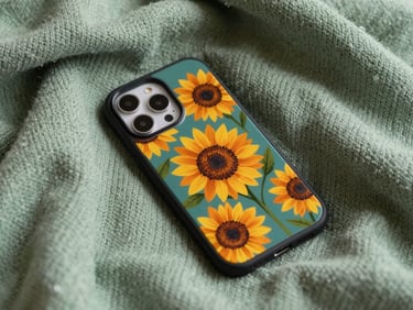 Overhead close-up of a colorful phone case with hand-drawn sunflowers resting on a soft sage green knit blanket.